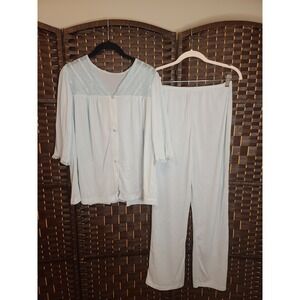 VTG Nancy King Lingerie 2 Piece Pajama Button‎ Top & Pants Set PJ Blue Medium